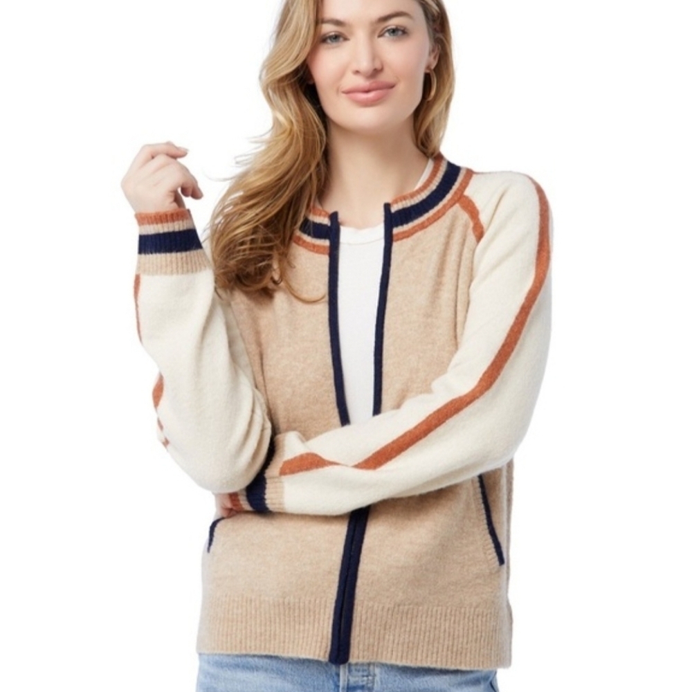 Hem & Thread Beige and Brown Zip-Up Sweater, Women's Medium. Sporty